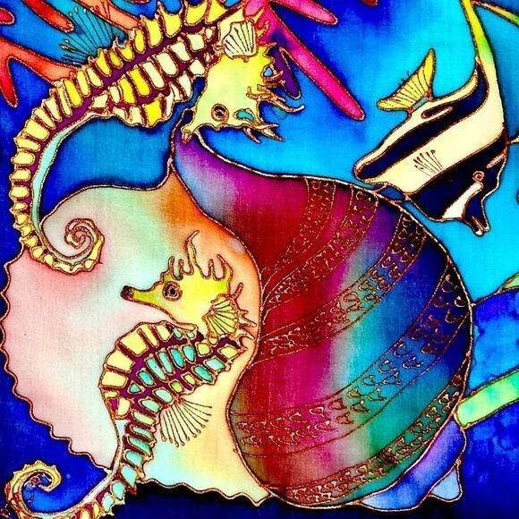 Silk chiffon Lee Caldwell tropical ocean fish hand painted scarf 29” square - Picture 7 of 14